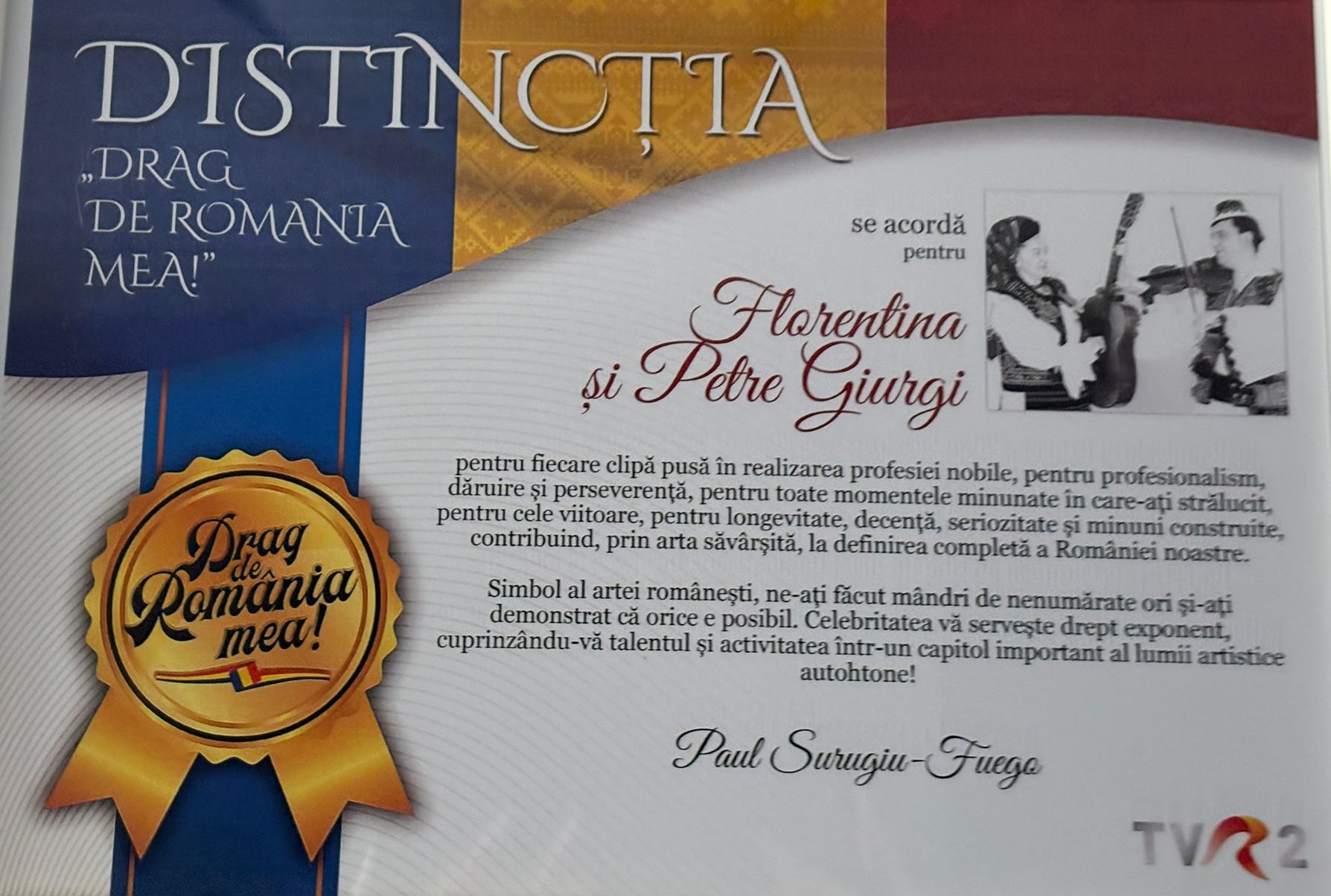 Diplomă Florentina și Petre Giurgi