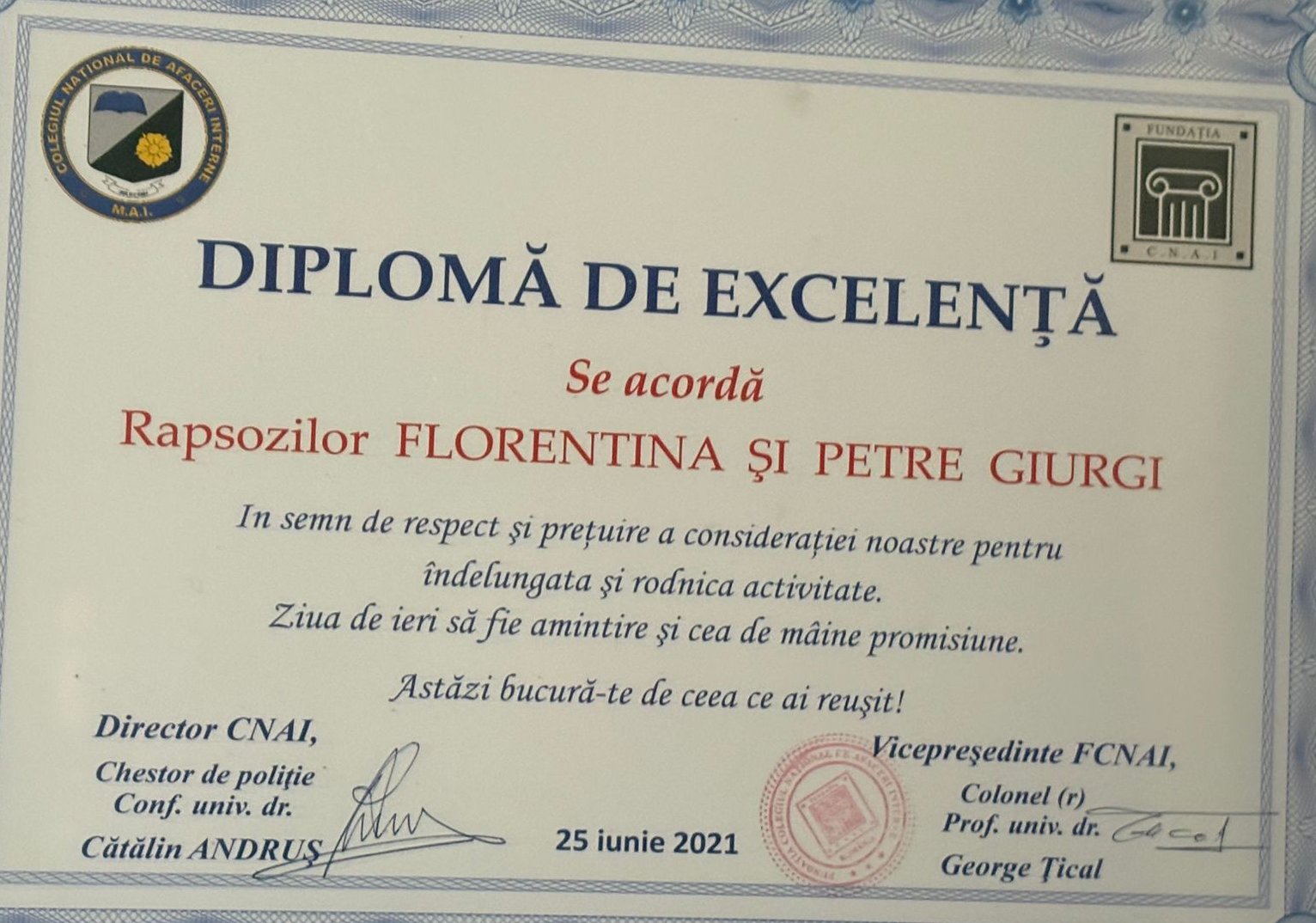 Diplomă Florentina și Petre Giurgi