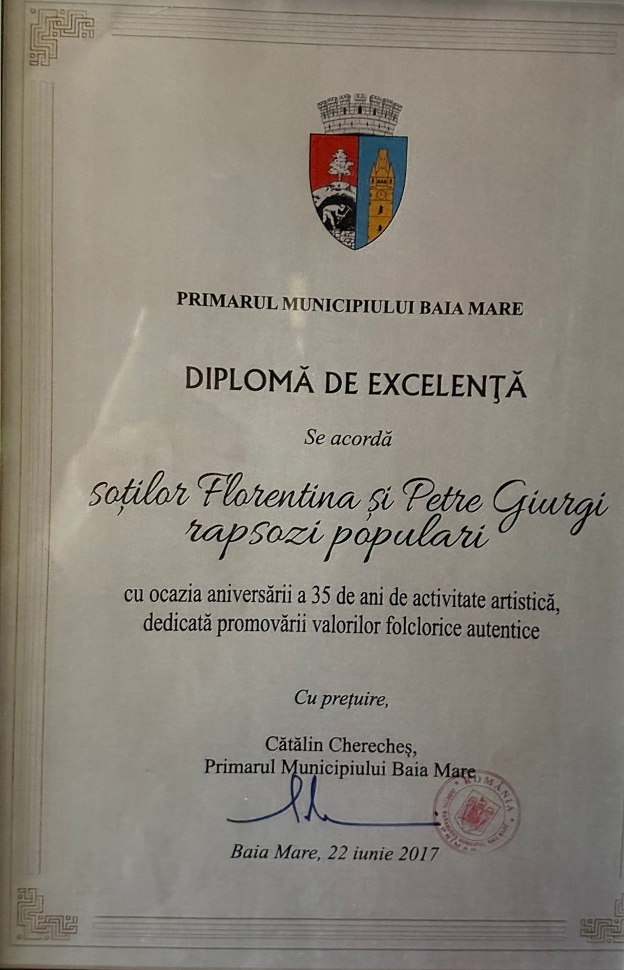 Diplomă Florentina și Petre Giurgi