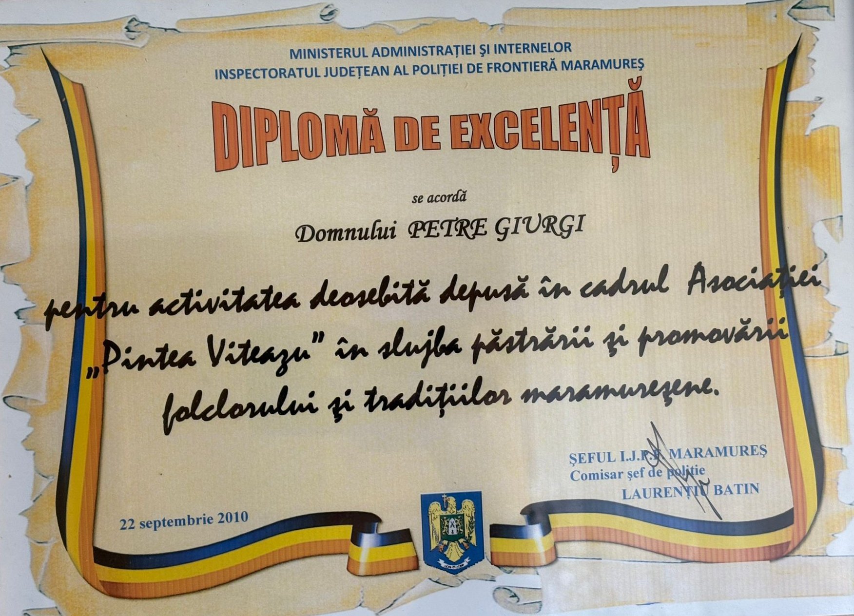 Diplomă Florentina și Petre Giurgi