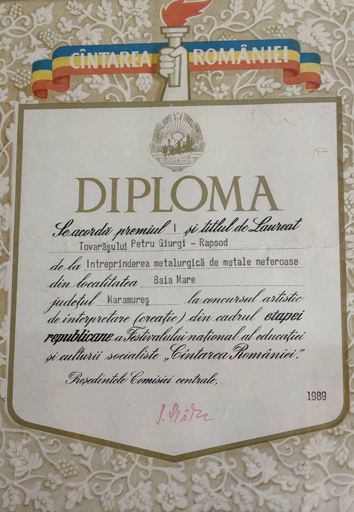 Diplomă Florentina și Petre Giurgi