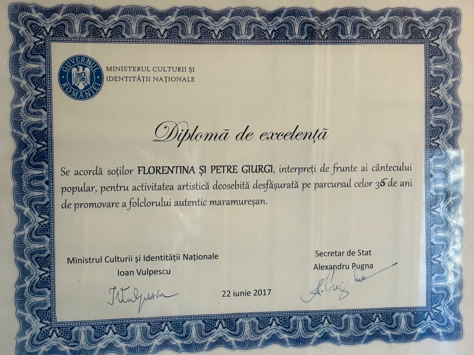Diplomă Florentina și Petre Giurgi